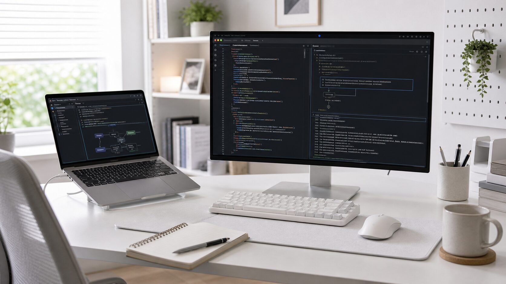 コード画面を表示したモニターとノートPCを並べたデスク