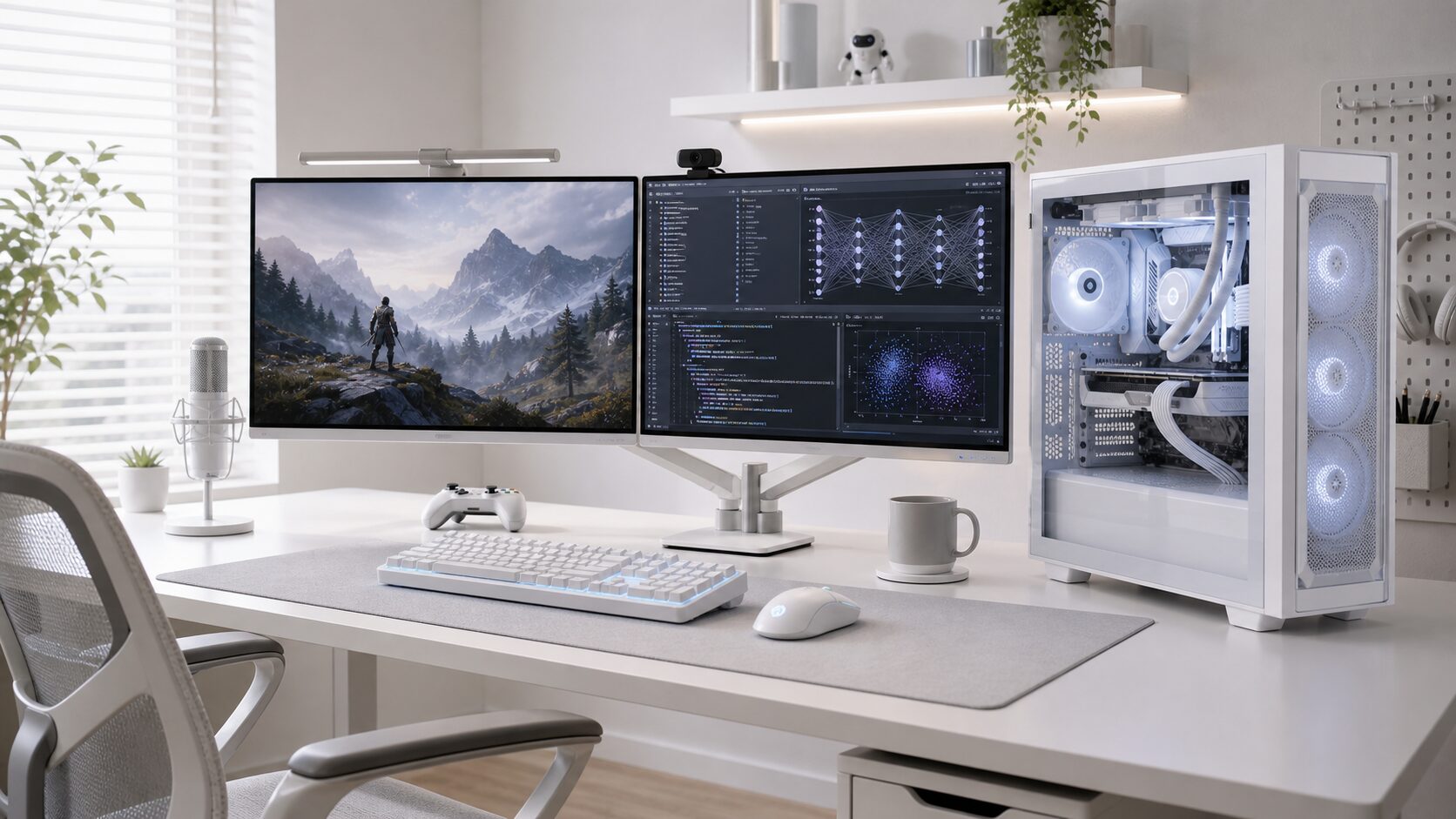 白いゲーミングPCと2台のモニターでAI開発を行うデスク環境