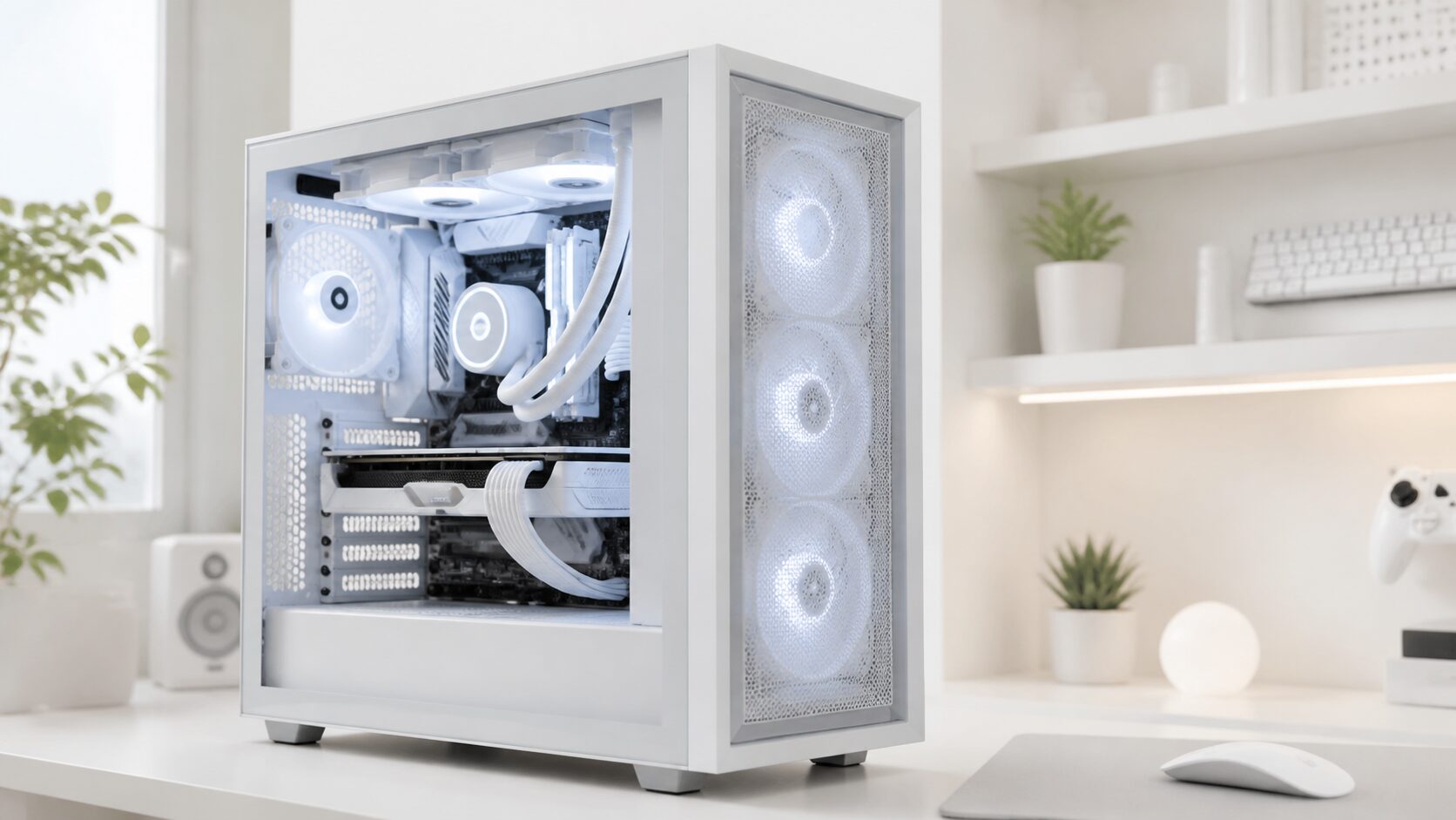 白いPCケースの内部と前面ファンを見せたデスク環境