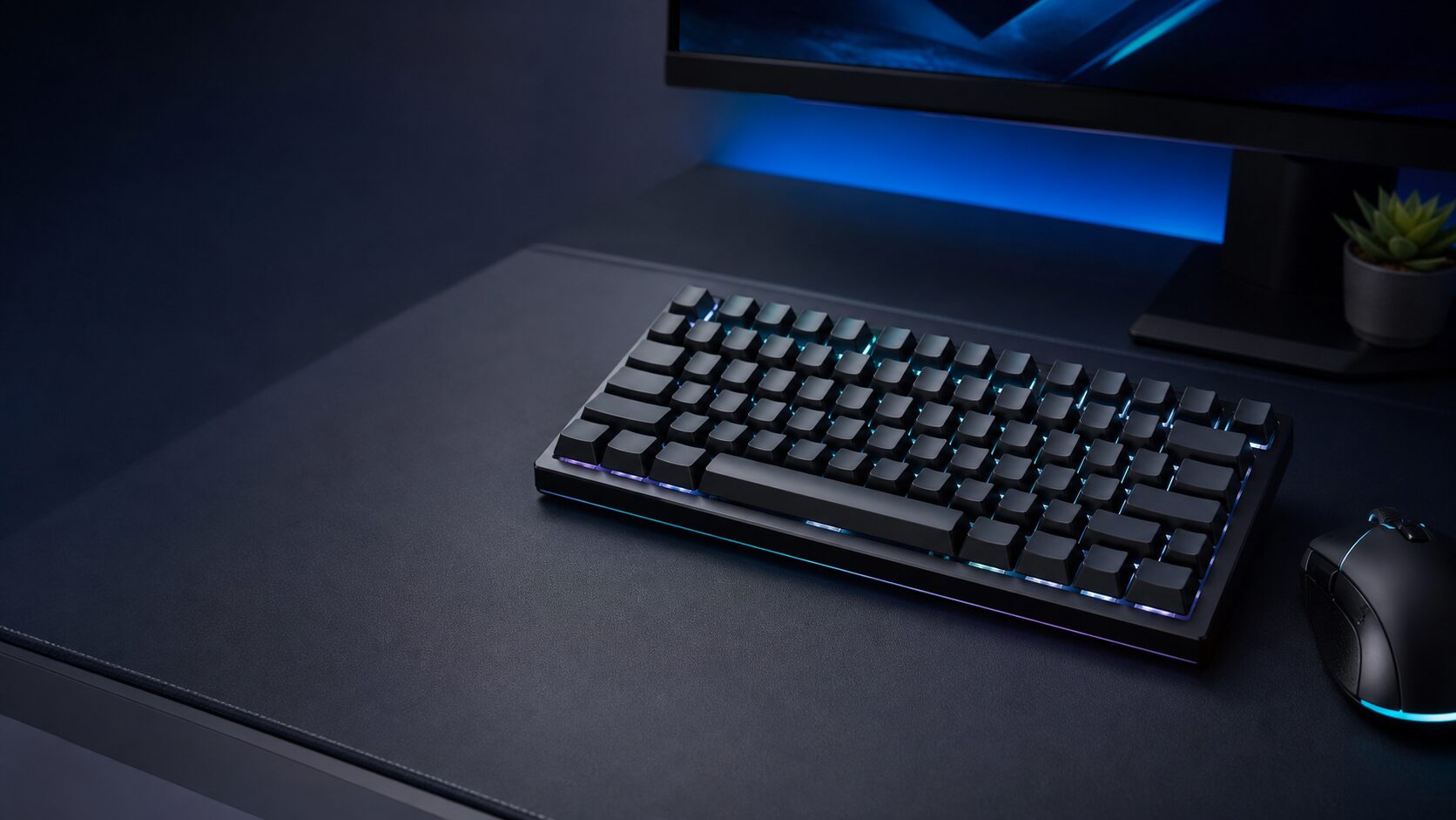 RGBバックライトが光る黒いゲーミングキーボードとマウスを置いたデスク