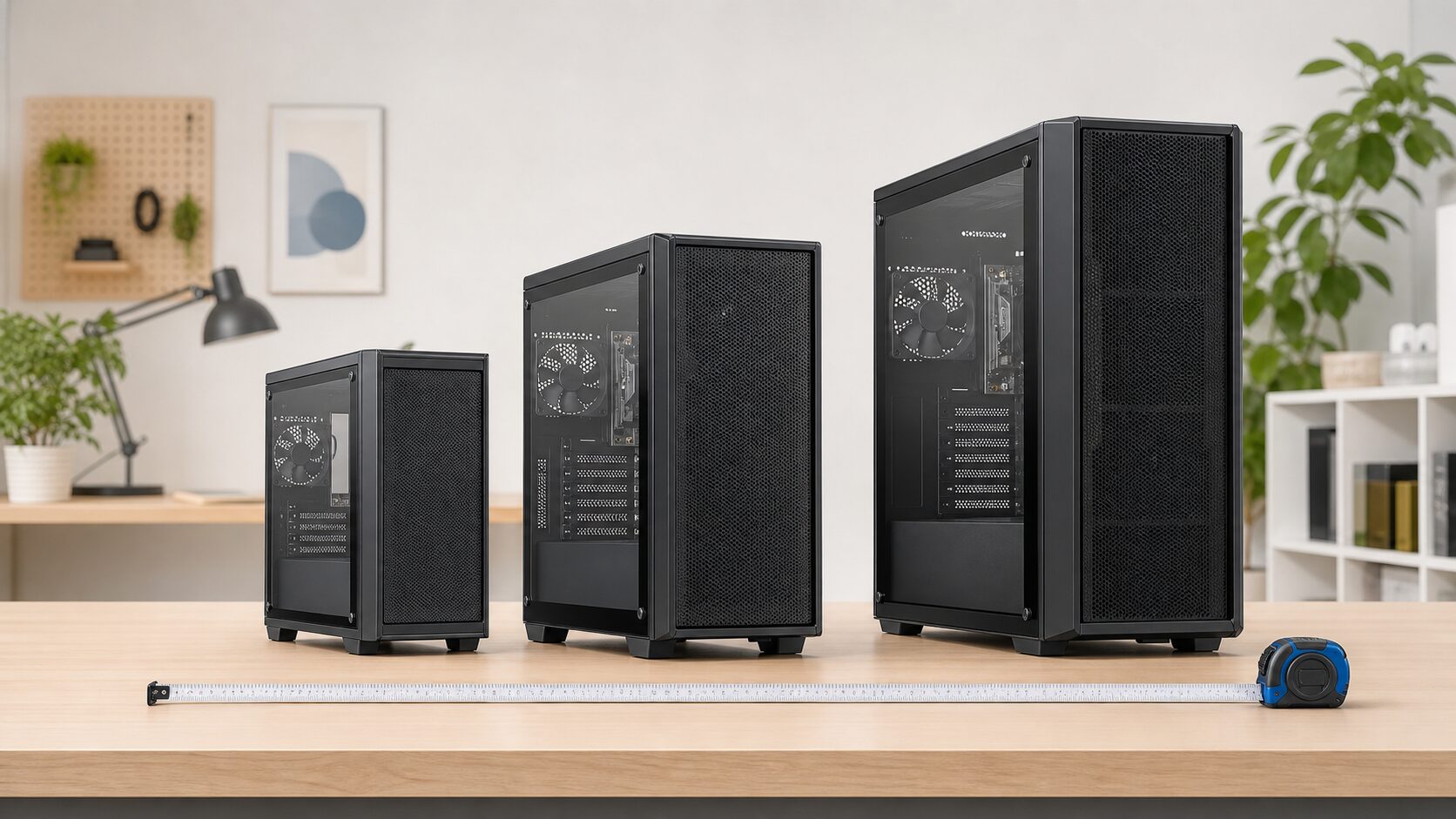 サイズの異なる3台のPCケースとメジャー