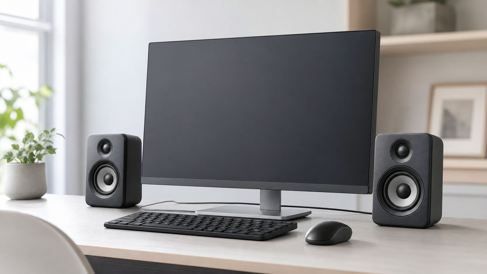 モニター横に配置したPCスピーカーのデスク環境