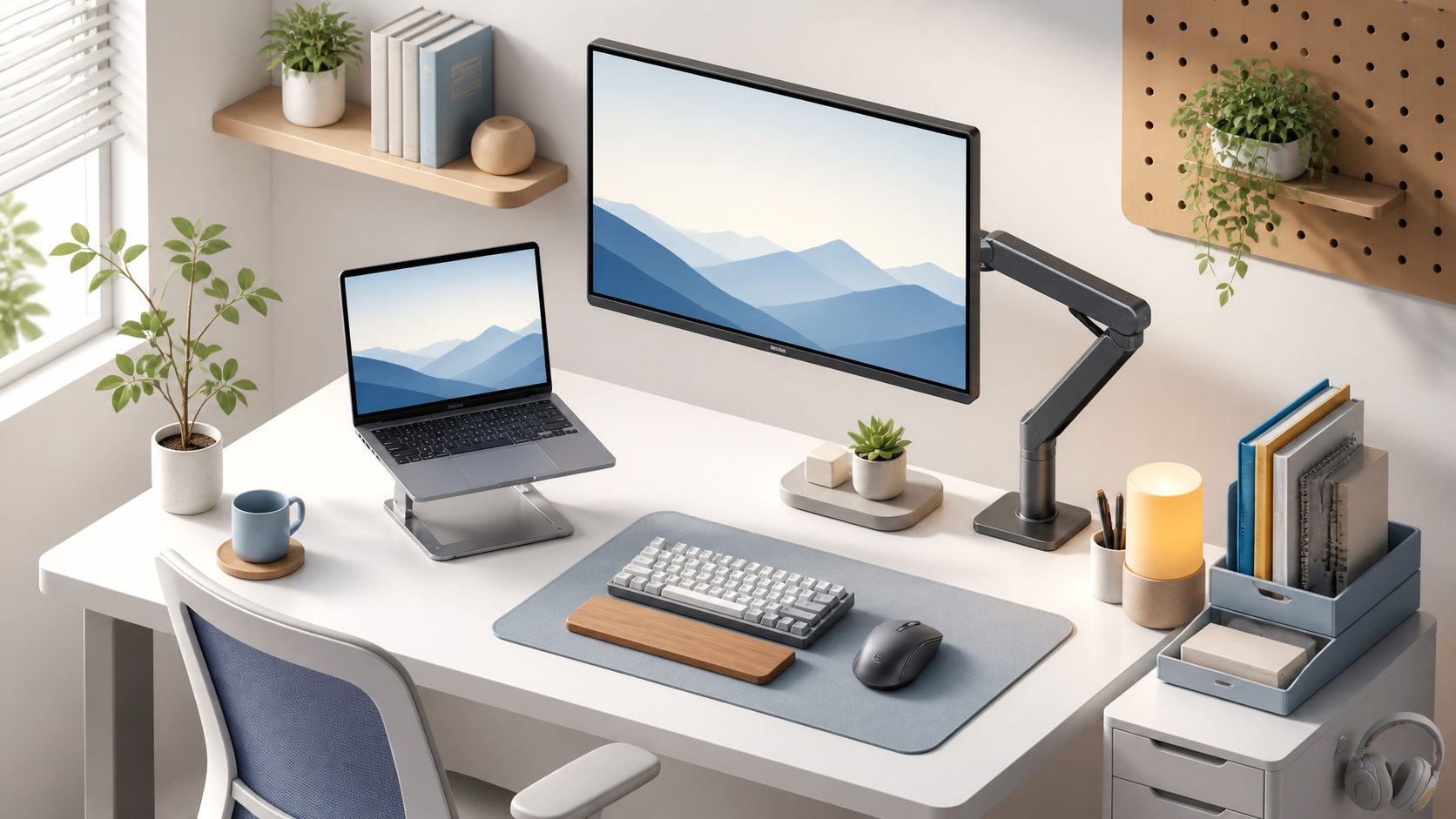 モニターとノートPCを置いたデスク環境のイラスト