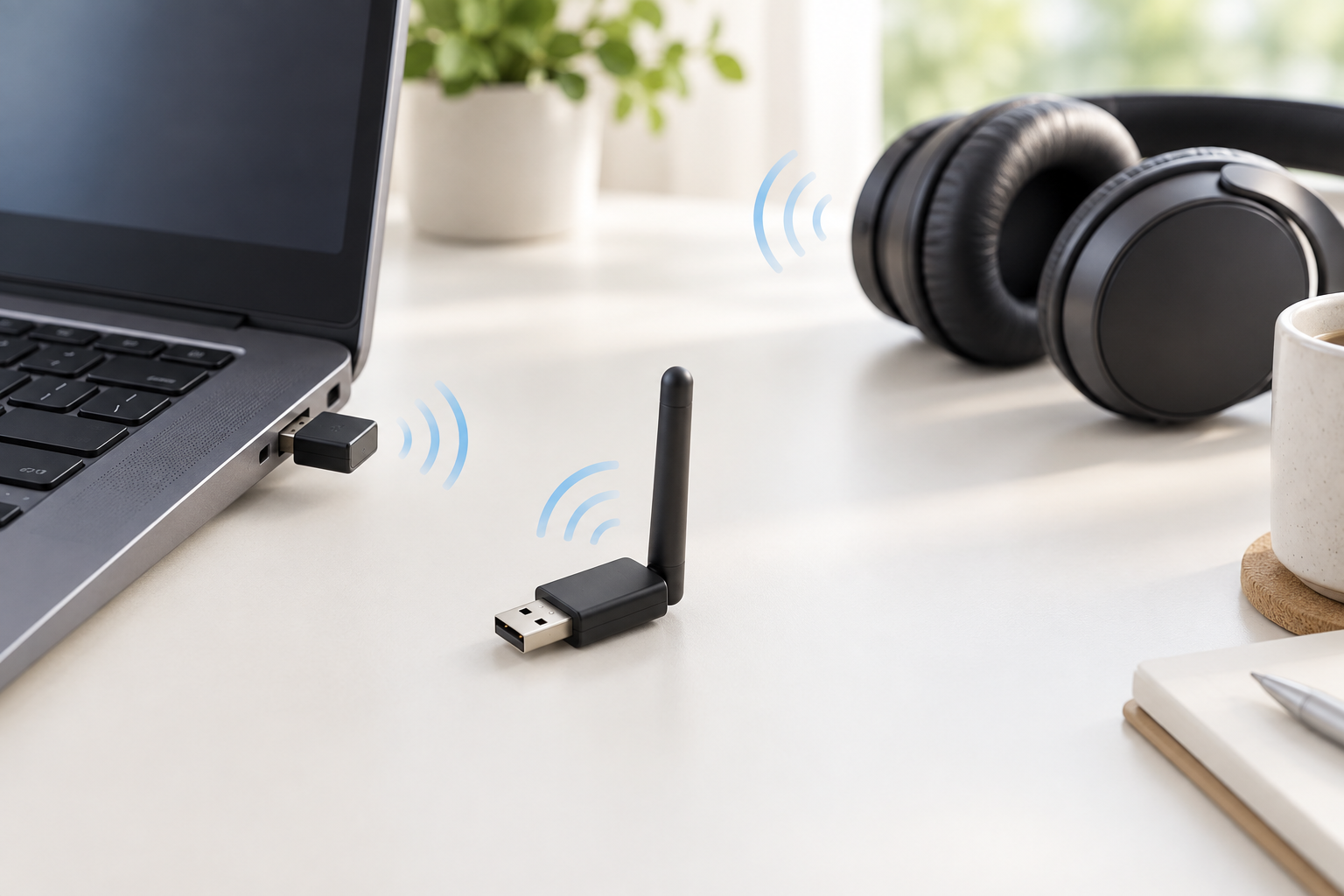 ノートPCに接続した小型Bluetooth USB子機とアンテナ付き子機、ワイヤレスヘッドホンのイメージ