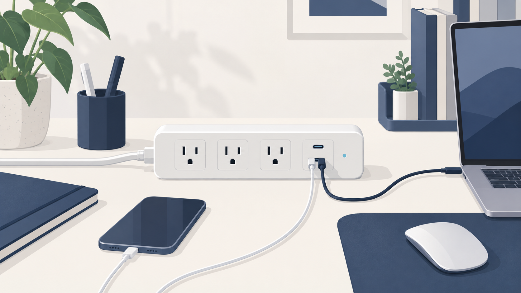 USB-C対応のデスク用電源タップとノートPCを描いたイラスト