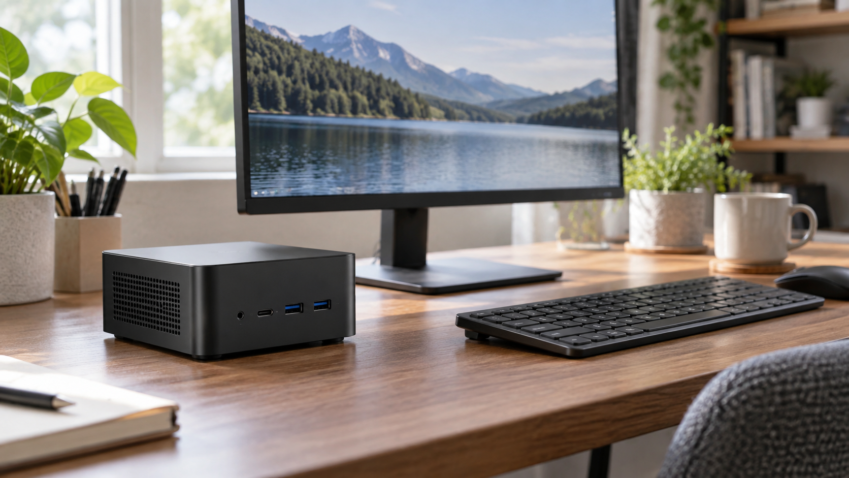 在宅ワーク用ミニPCとモニターを並べたデスク環境