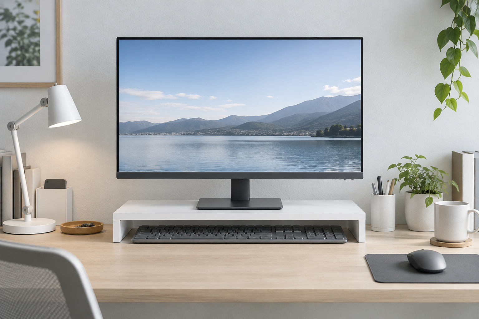 モニター台に置いたモニターと下に収納したキーボード