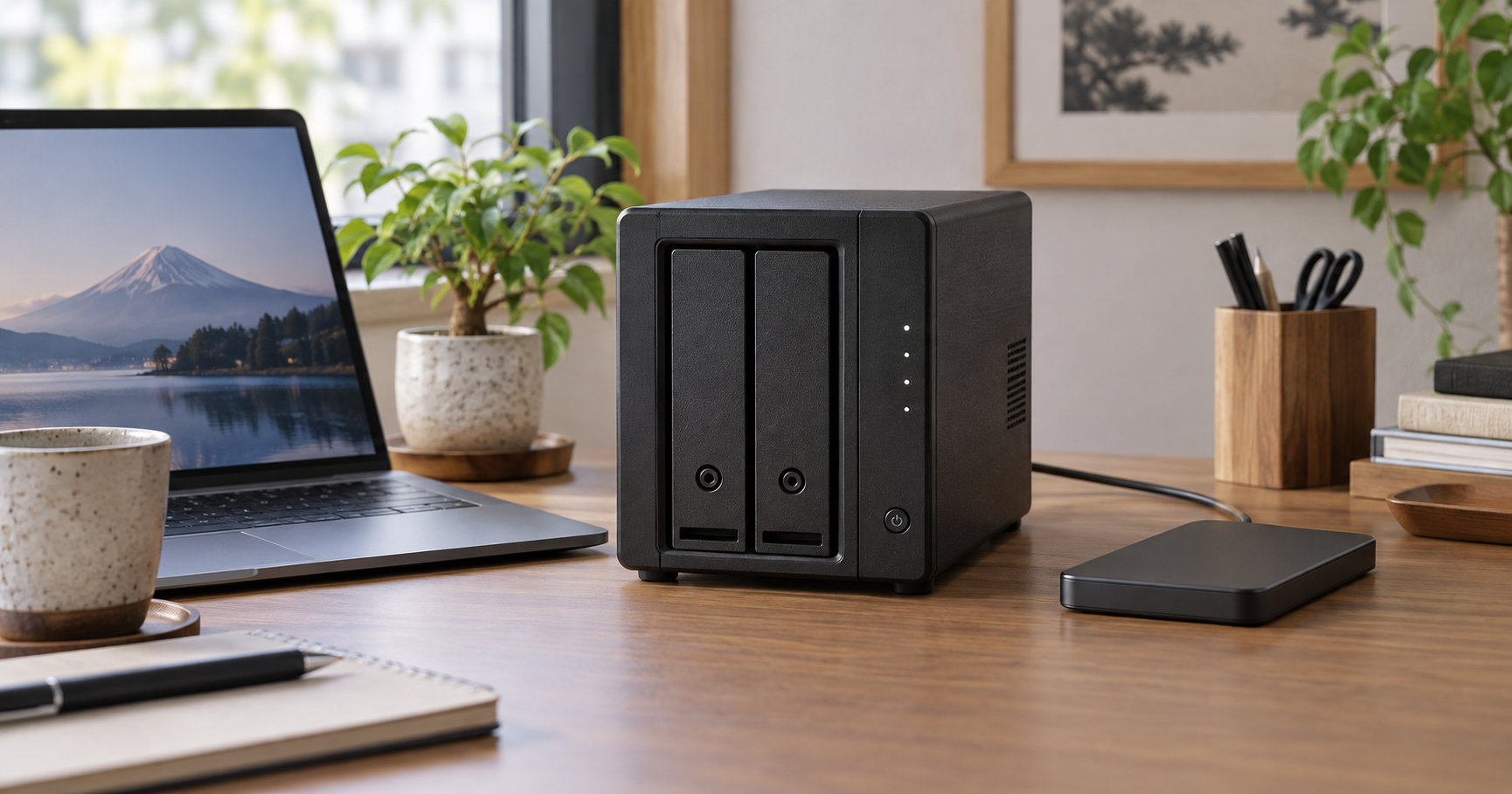 ノートPCと外付けドライブを置いたデスク上の2ベイNAS
