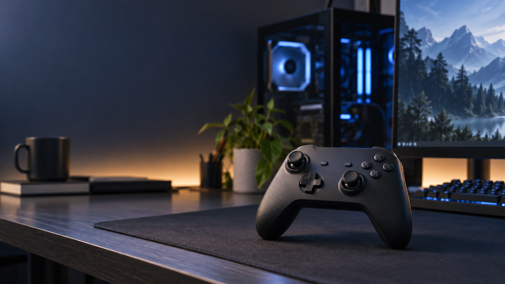 PCゲーム用コントローラーを置いた青い光のデスク環境