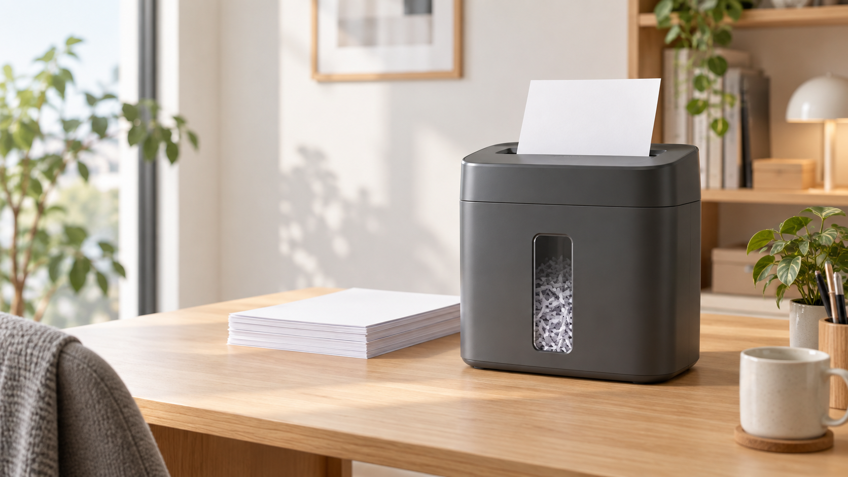 家庭用シュレッダーと白い書類が置かれたデスク