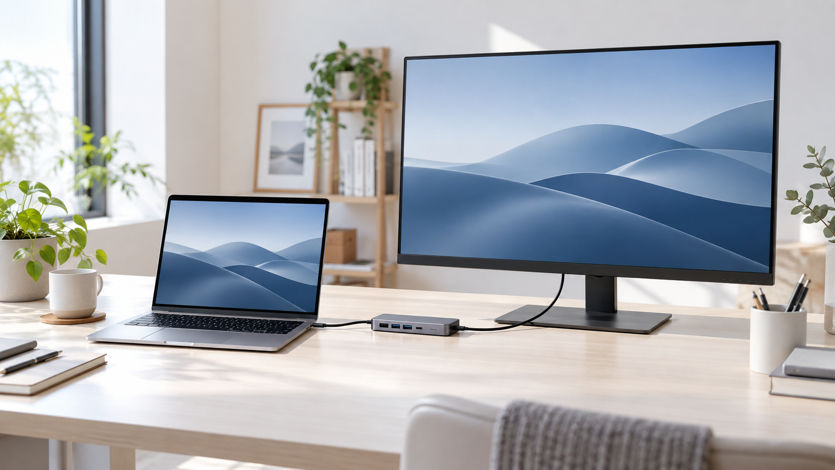 ノートPCとUSB-Cモニター、USB-Cハブを接続した作業机