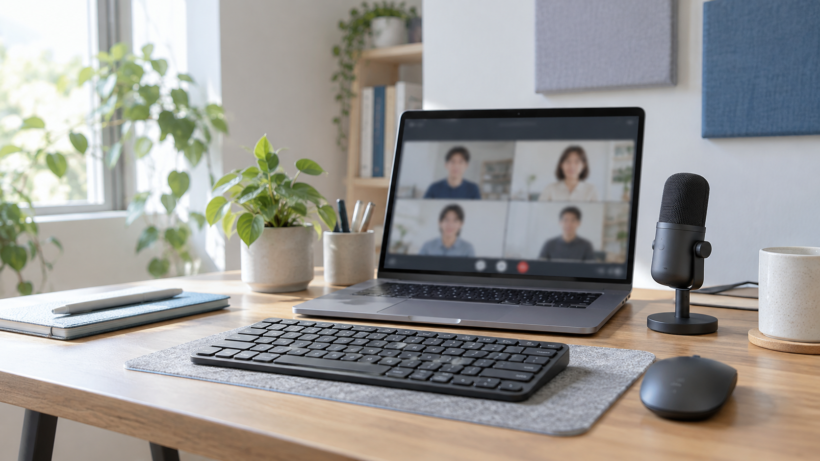 ノートPCと外付けキーボードを置いたテレワーク用デスク