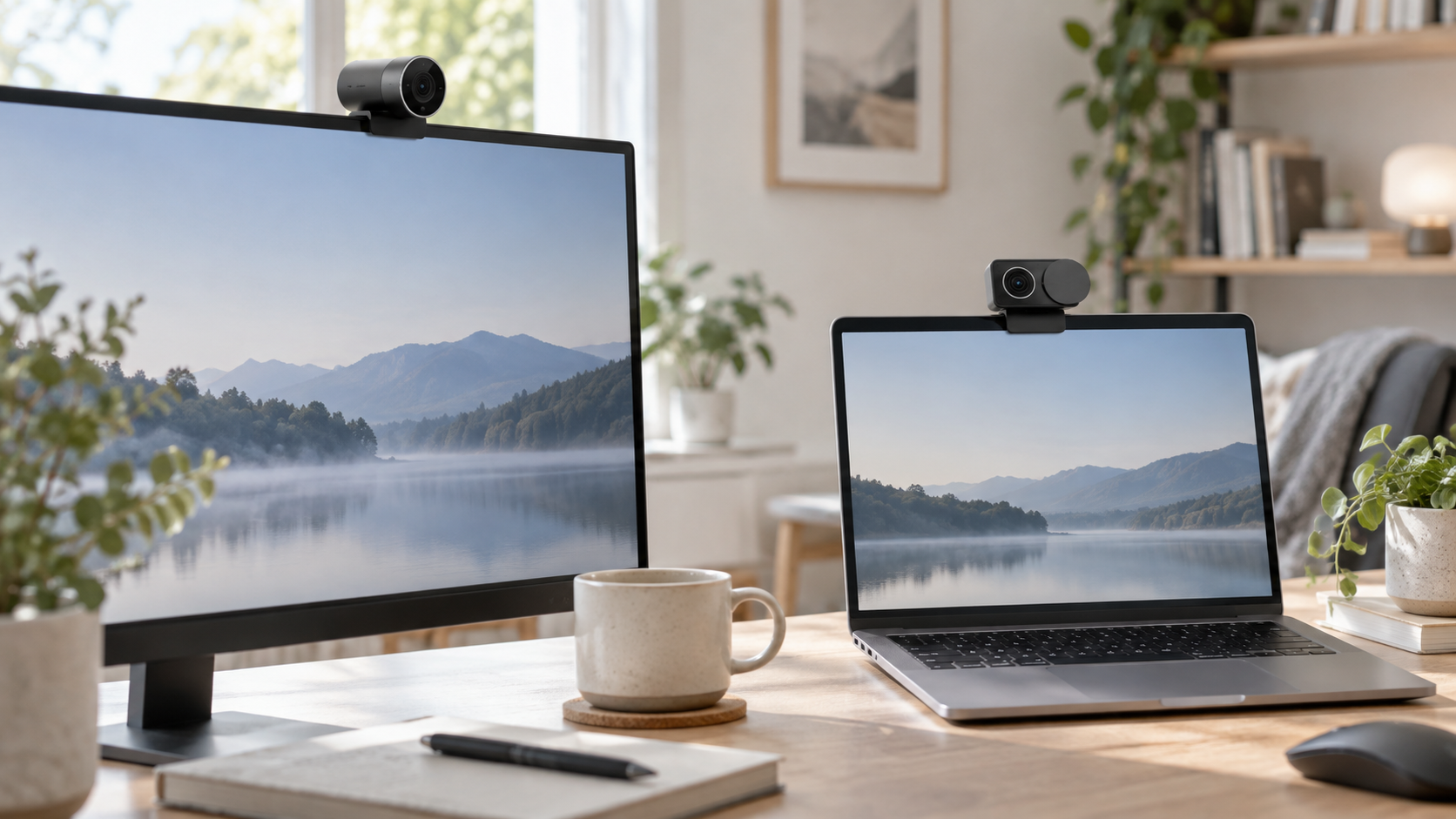 ノートPCとモニターにWebカメラを設置した在宅会議のデスク