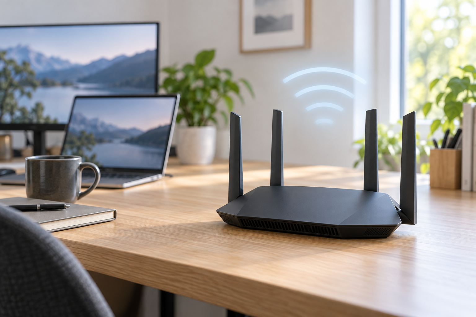 Wi-Fi 7ルーターとノートPCを置いた在宅ワーク用デスク