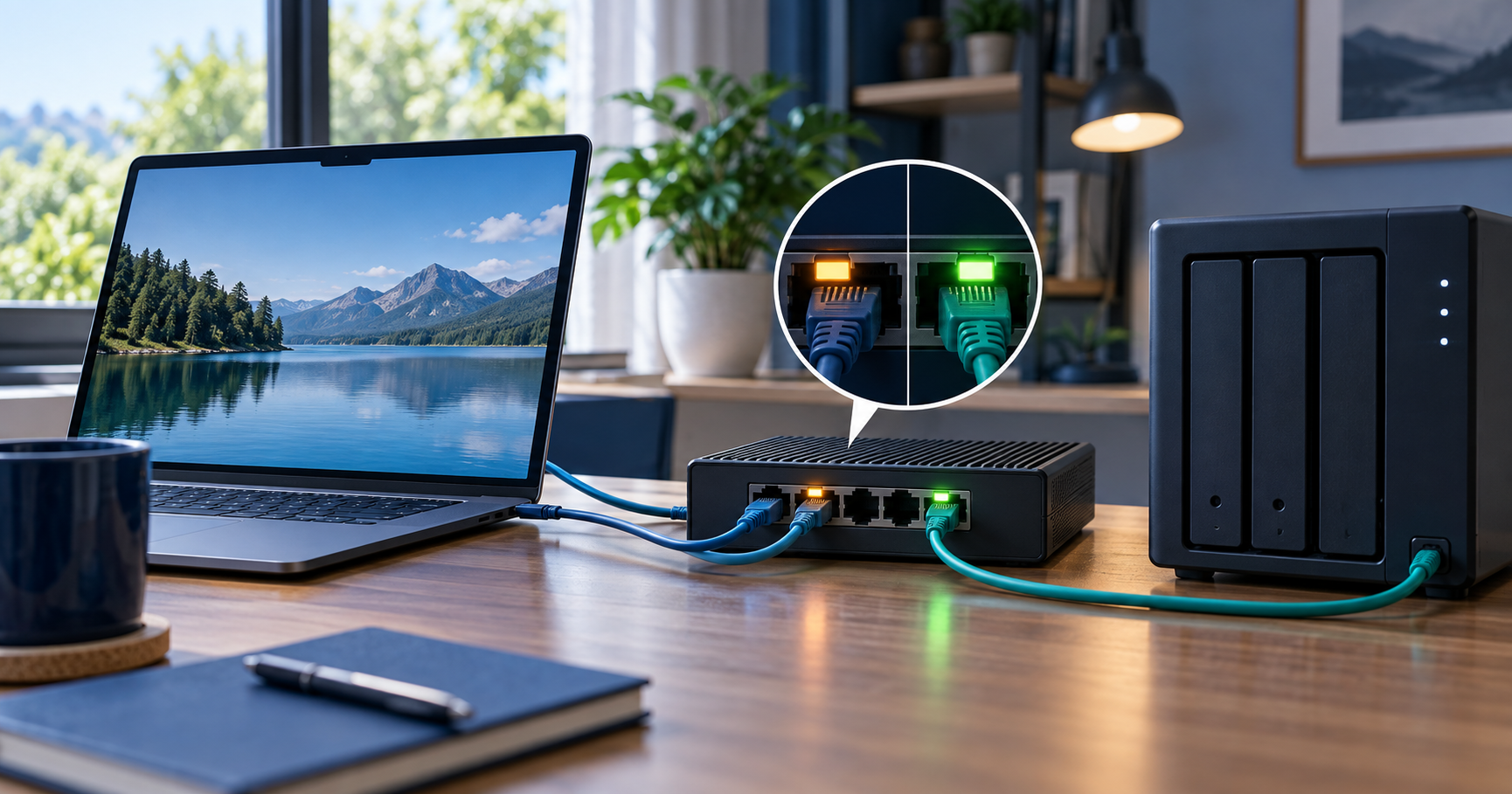 PC、2.5GbEスイッチ、NASをLANケーブルで接続した自宅ネットワーク