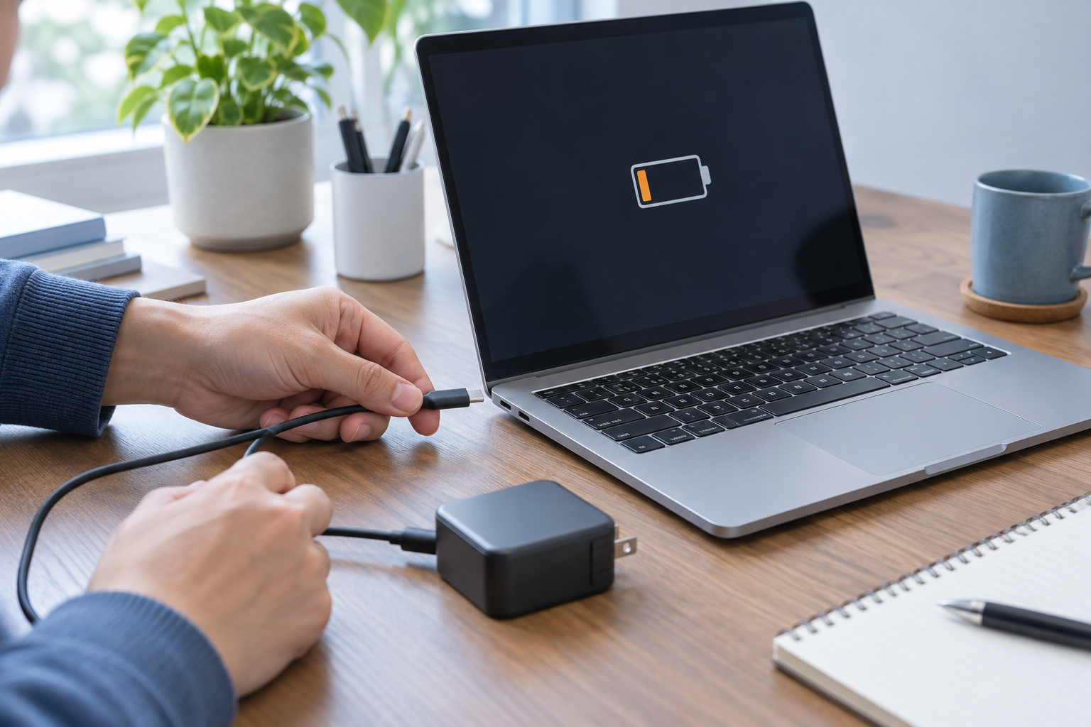 USB-C充電器とノートPCの接続を確認する様子