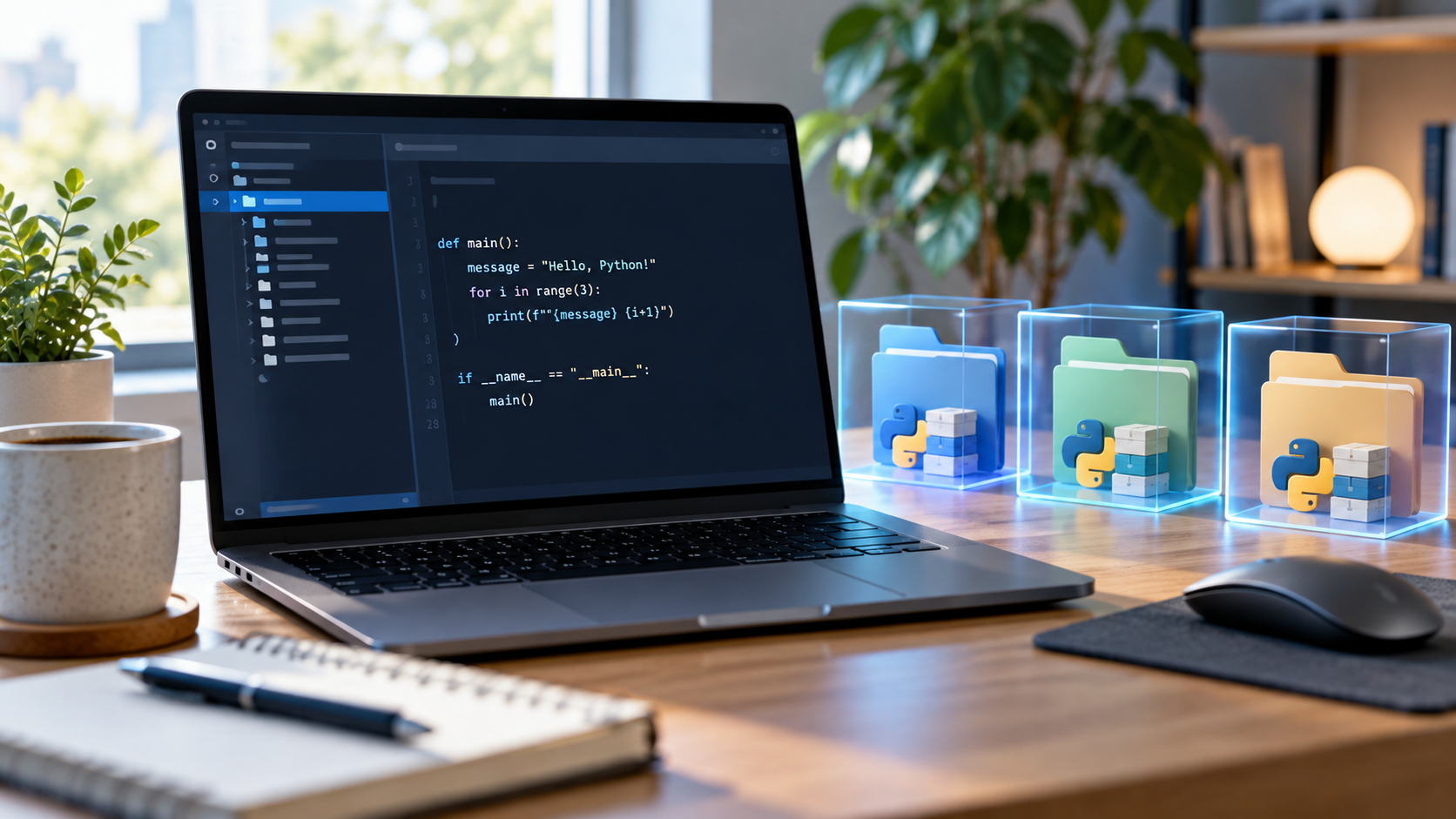 VS CodeでPythonコードを開き、プロジェクトごとの仮想環境を分けて管理するイメージ