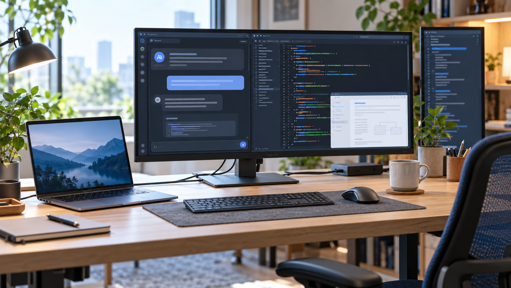 AIチャットとコードエディターを並べた外部モニターとノートPCの作業環境