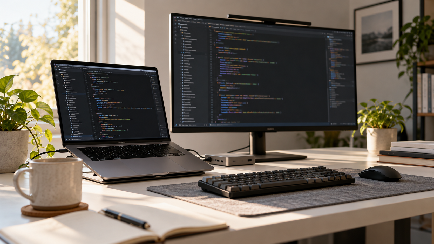 ノートPCと外部モニターにコードエディターを表示し、USB-Cドックを接続した開発デスク