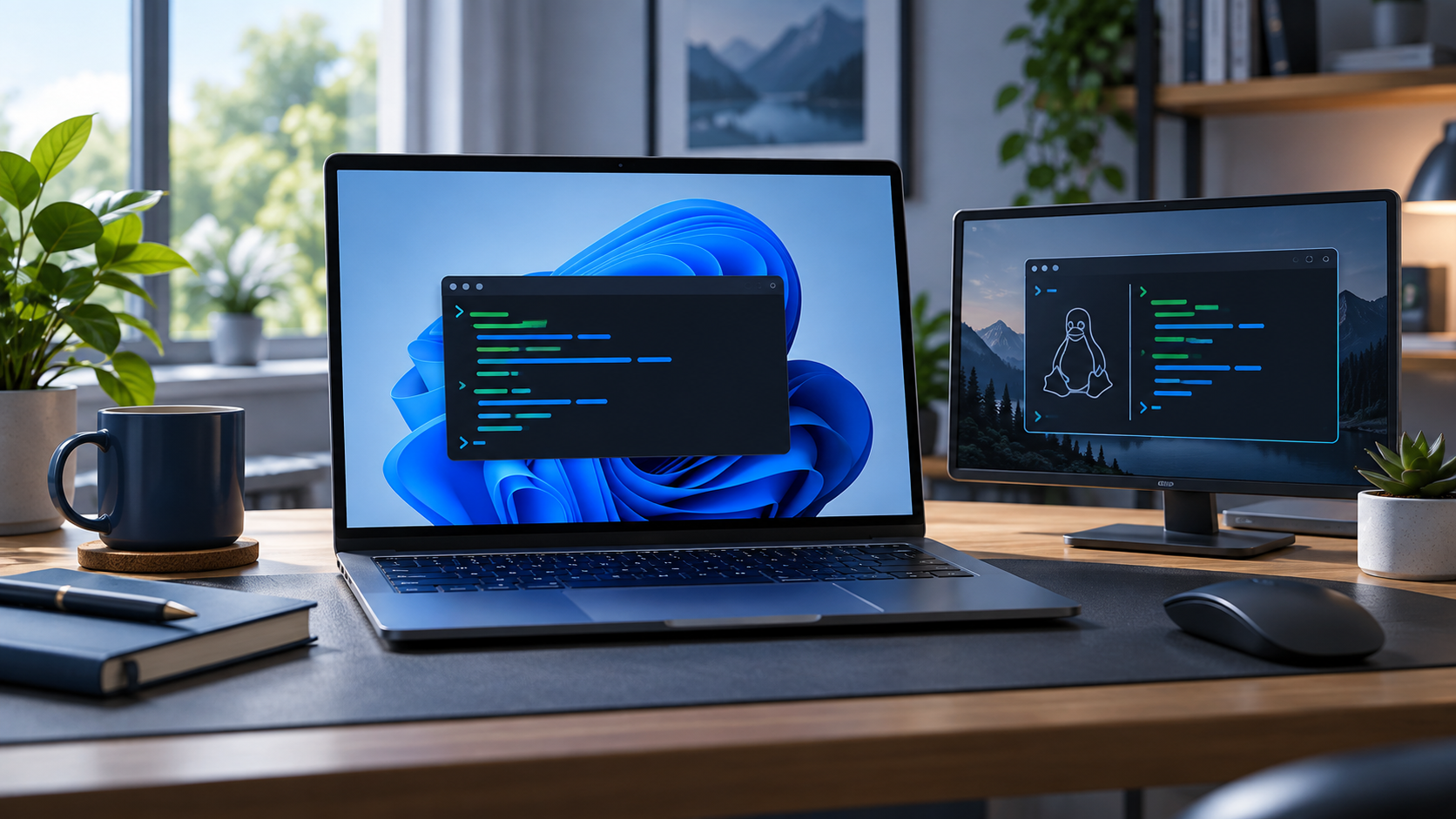 WindowsノートPCのターミナルとWSLの画面を並べたデスク環境