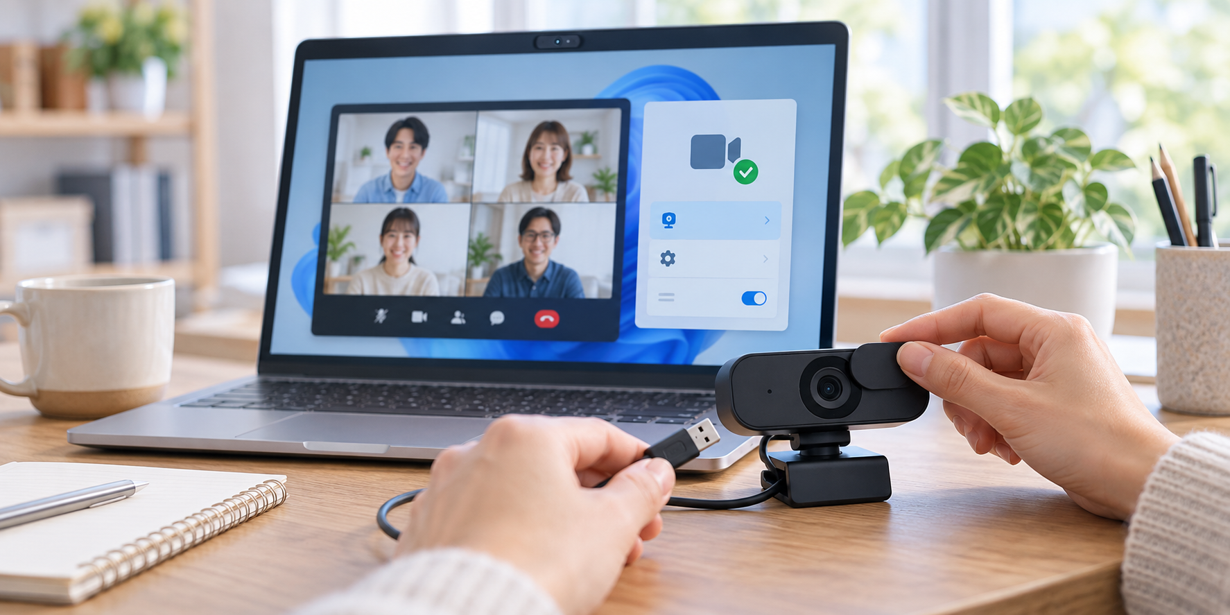 Windows 11のノートPCと外付けWebカメラの接続や設定を確認する様子