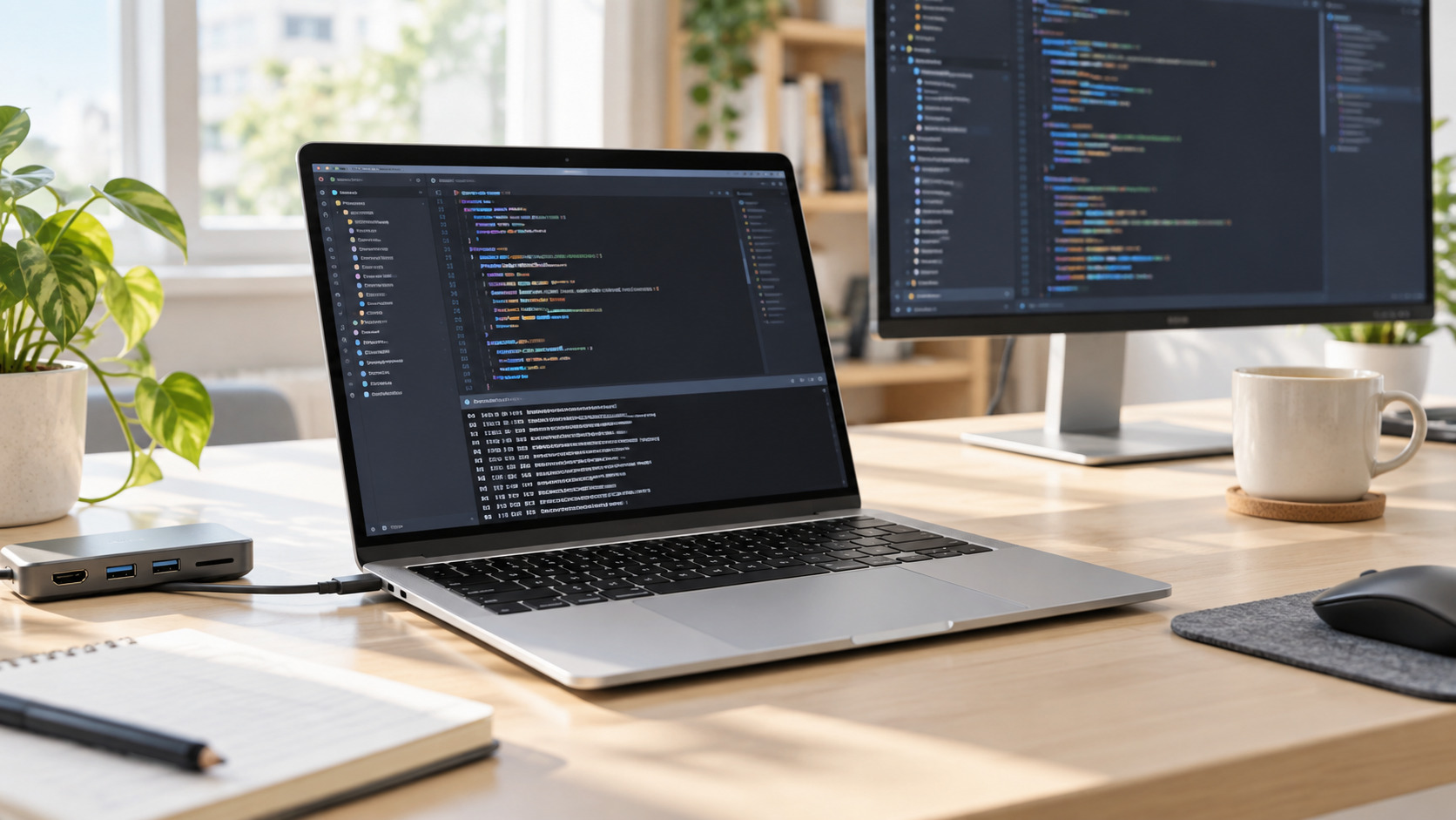 コードエディターを表示した薄型ノートPCと外部モニター、USB-Cハブのある開発デスク