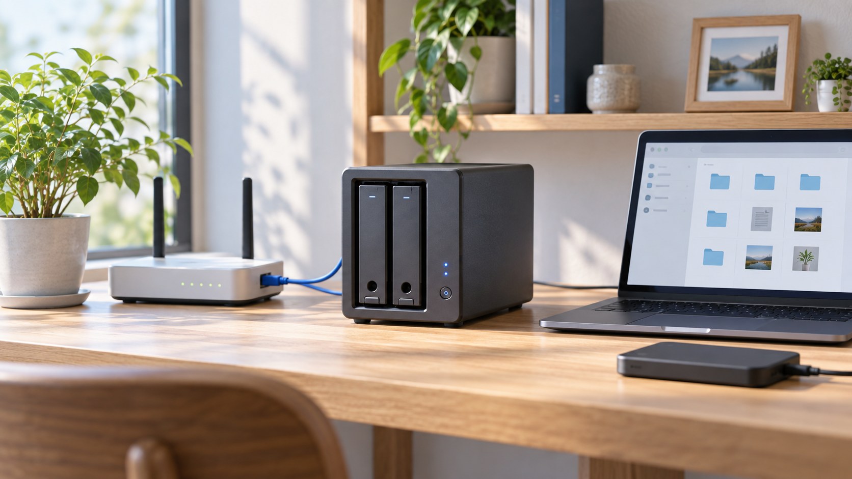 自宅の机でルーターにつないだ2ベイNASと設定用ノートPC、外付けバックアップドライブ