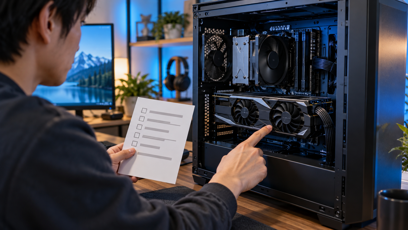 中古ゲーミングPCの内部にあるグラフィックボードと購入前チェックリストを確認する様子
