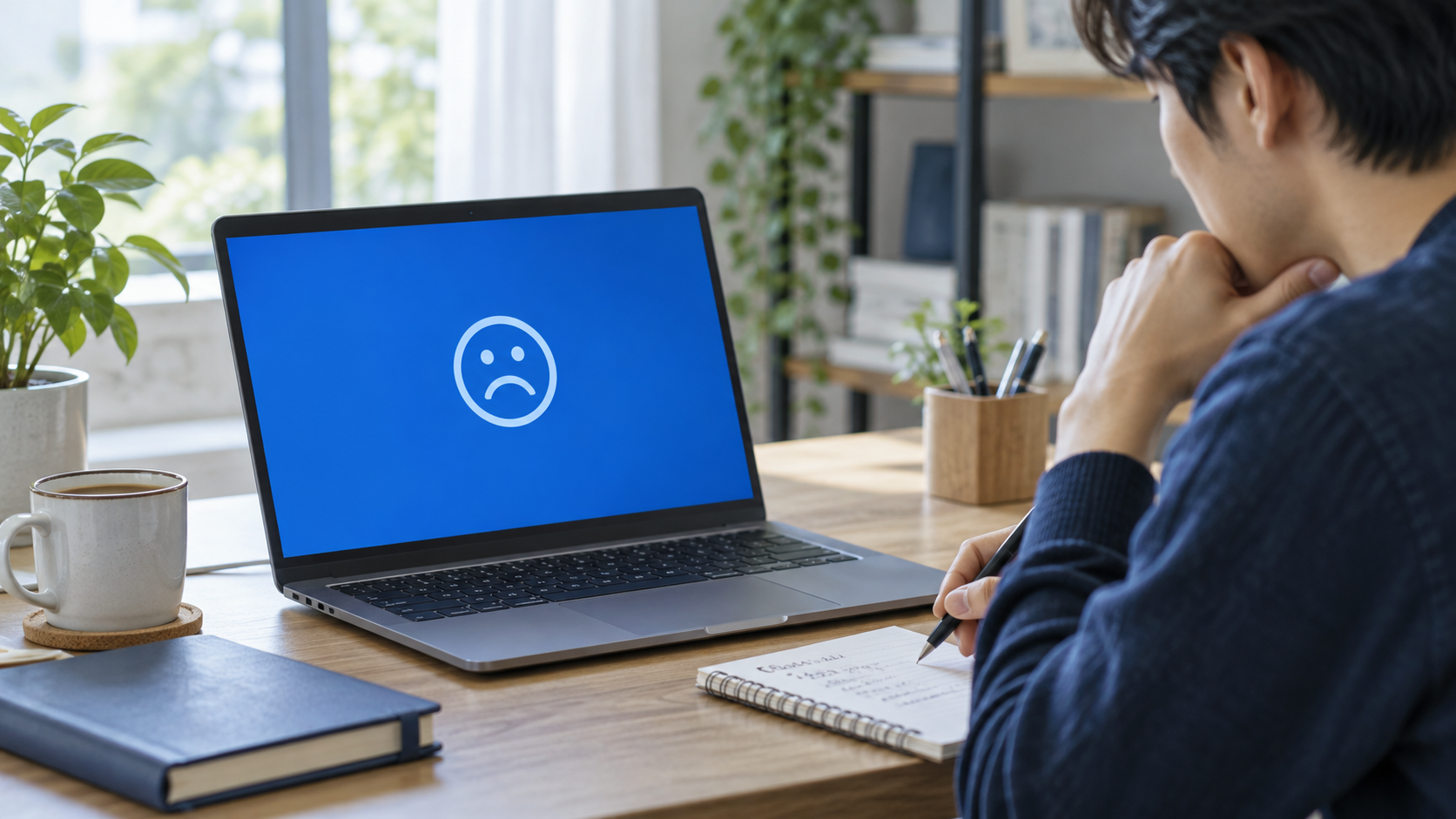 ブルースクリーンが出たノートPCのSTOPコードを記録し、再起動の原因を確認する様子