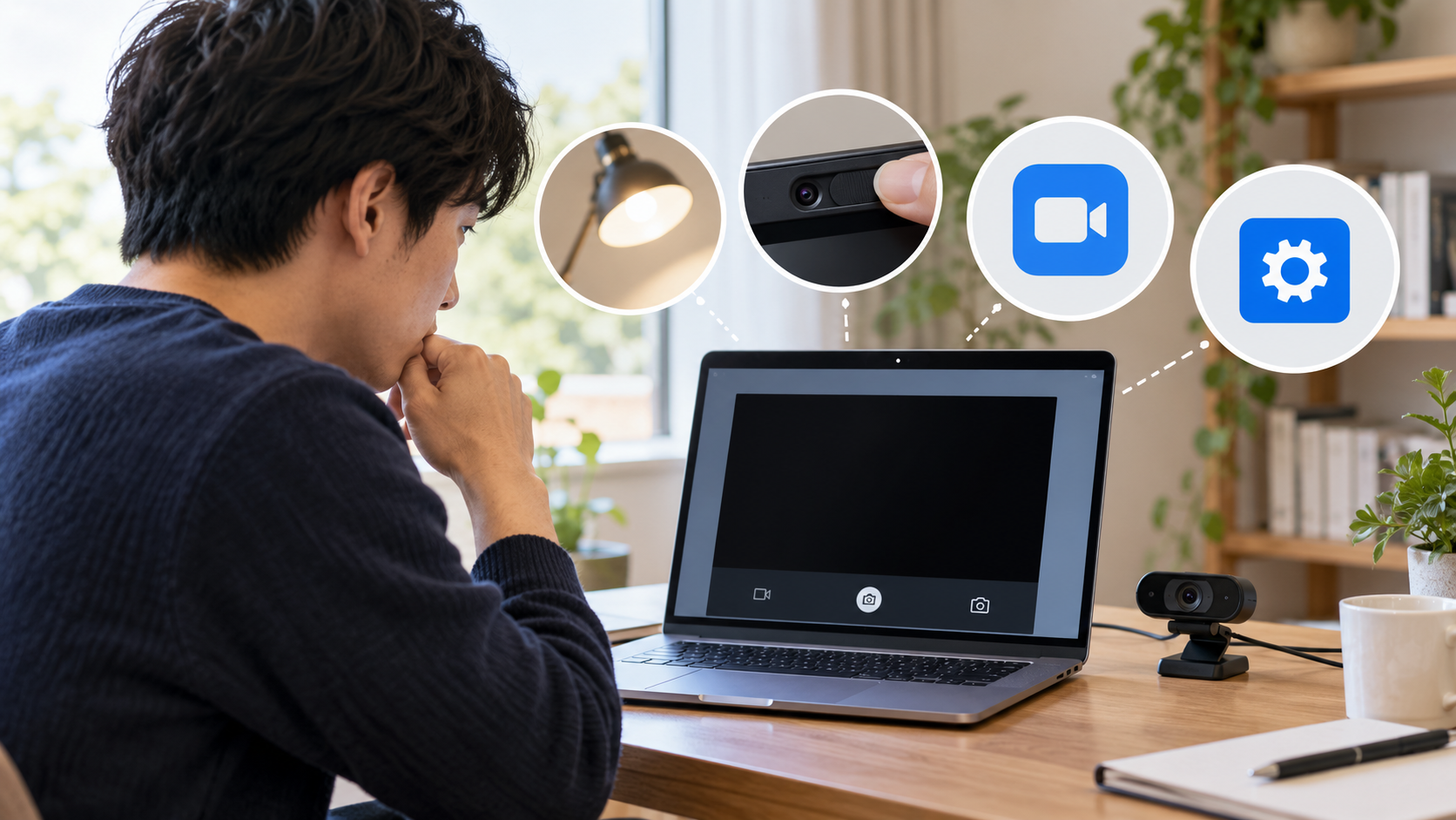 ノートPCのカメラ映像が真っ暗なときにシャッターや設定を確認する様子