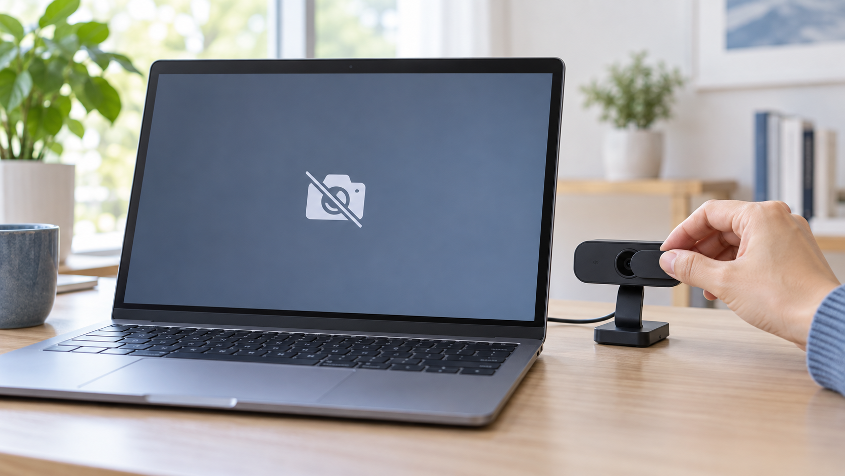 Windows 11のノートPCとUSB Webカメラでカメラアクセスを確認する様子