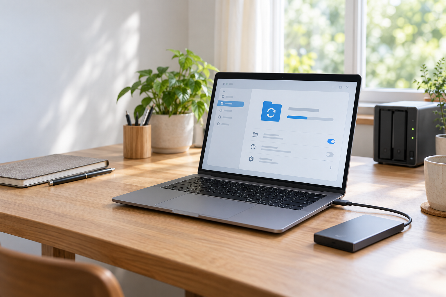 Windows 11のバックアップ設定画面を表示したノートPCと接続中の外付けSSD、背景のNAS
