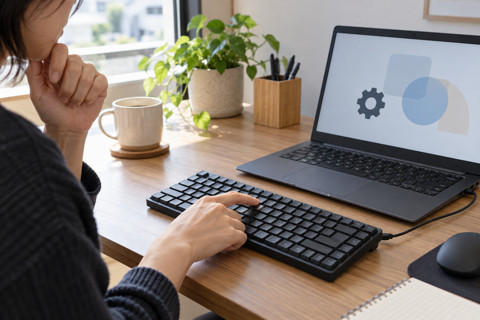 Windows 11のノートPCと外付けキーボードを接続し、キー入力を確認する様子