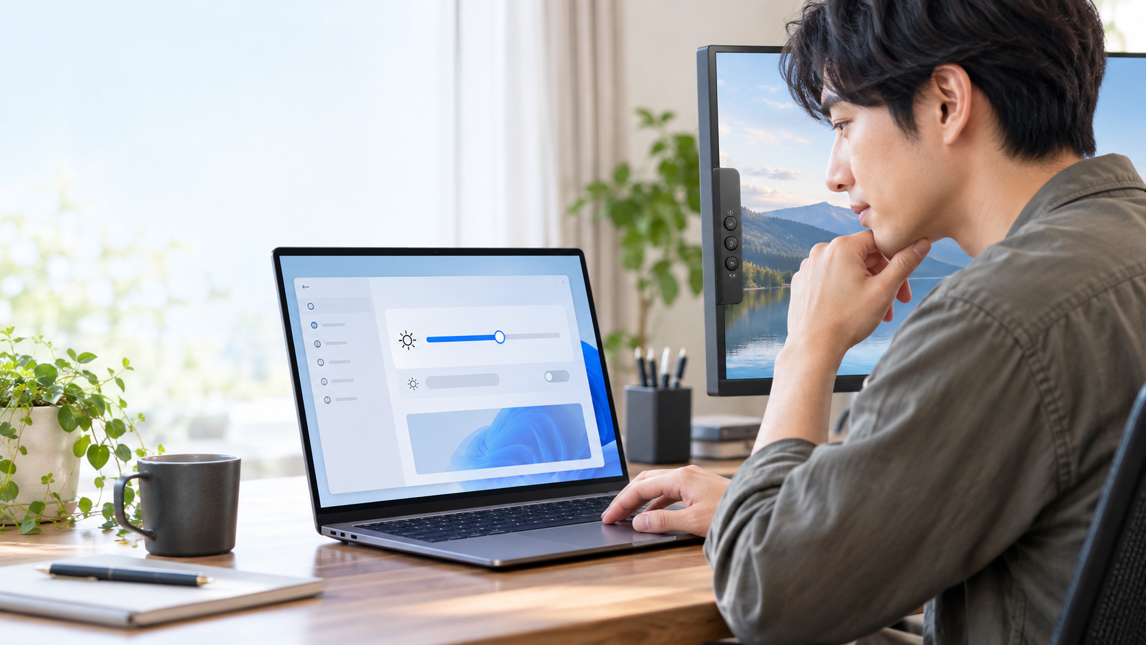 Windows 11のディスプレイ設定で明るさスライダーを確認するノートPC利用者