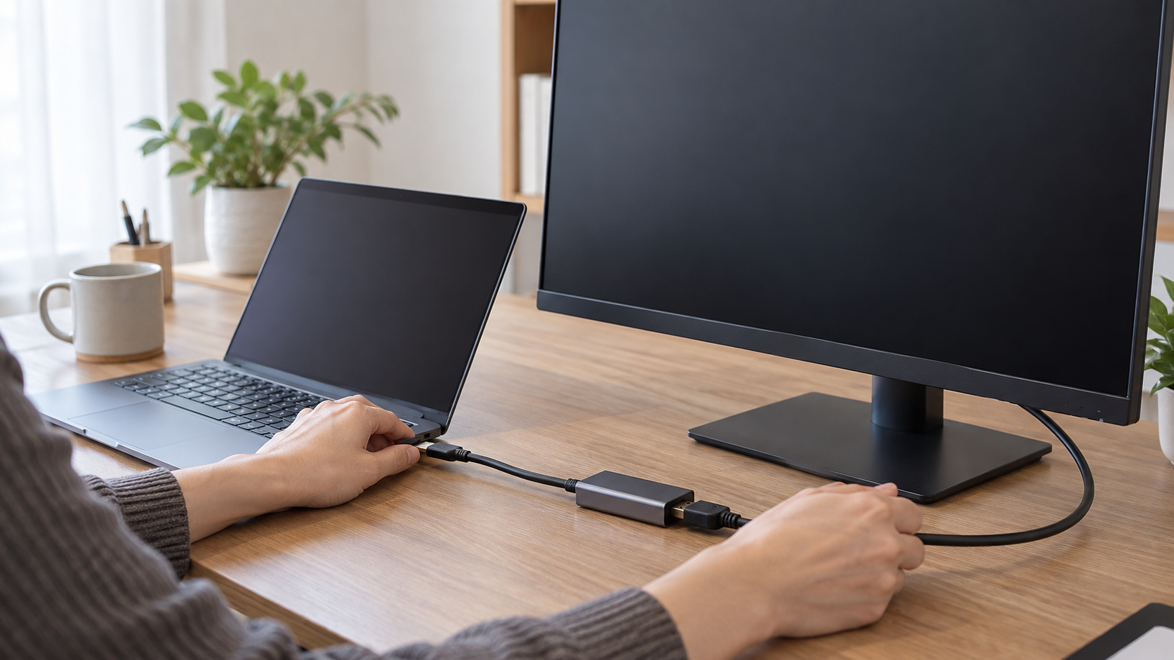 Windows 11ノートPCと外部モニターをUSB-C HDMI変換アダプターで接続確認する様子